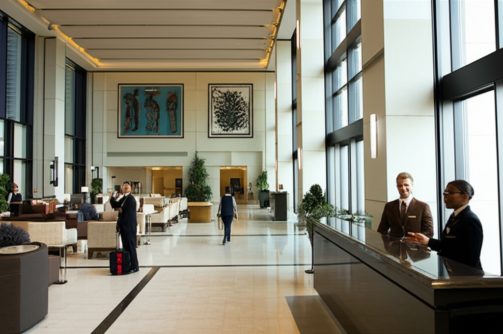Hospitality professionals in luxury hotel setting