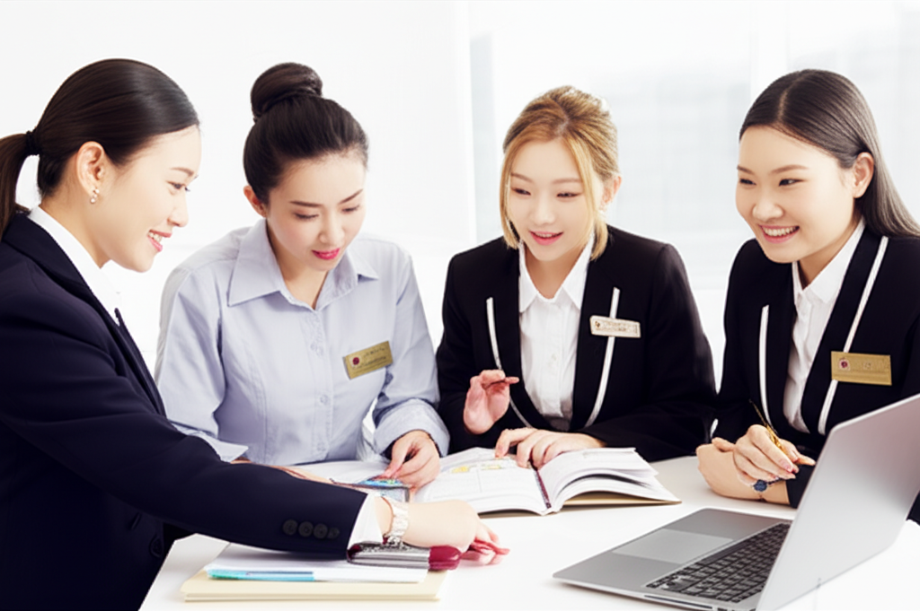 Young Asian hospitality students studying together